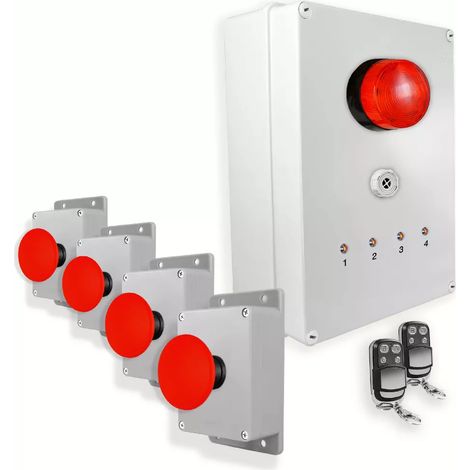 Système identification alerte sans-fil 900m - 4 boutons coup de poing Sirène Flash LEDs Télécommandes d'arrêt (DA600+)