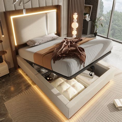 Cama juvenil tapizada con LED y almacenamiento, 209x106x110 cm, hidráulica, lino beige y madera (1/5)