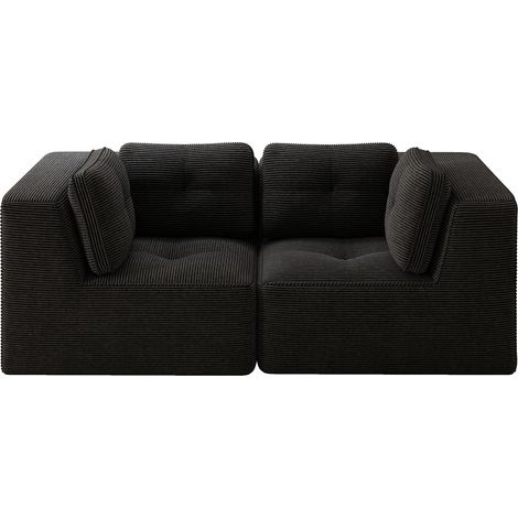 Canapé d’angle modulable 2 places noir en velours côtelé, sans structure rigide, assise profonde, mousse haute densité 32D (1/5)