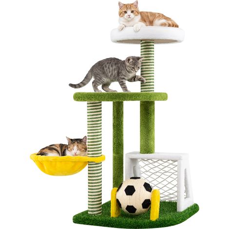 Arbre à Chat 100 cm Thème Football avec Griffoir en Sisal Centre d'Activités pour Chaton d'Intérieur, Perchoir et Hamac Stable, Ballon de Foot et But (1/5)