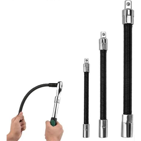 Rallonges flexibles pour douilles jeu de 3 : 1/4" 3/8" 1/2" arbres 10" 8" 6" coude 45° pour perceuse noires (1/5)