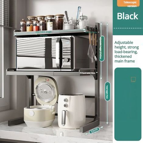 (Noir à 3 niveaux) Étagère de rangement de table rétractable à plusieurs niveaux pour four à micro-ondes, avec compartiment de rangement épais pour la cuisine et la maison. (1/5)
