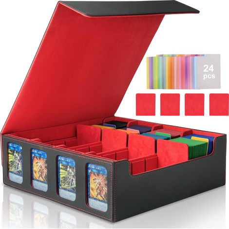 Boîte de rangement pour deck MTG - Capacité de 3000+ cartes avec 24 séparateurs et fenêtres d'affichage pour cartes TCG et YuGiOh (Noir & Rouge) (1/5)