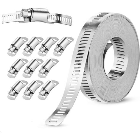 Collier de Serrage Inox 304, 5m Collier de Serrage Métallique avec 10 Pièces Fixation Collier Durite Serrage Réglable pour Conduite D'eau Tuyau de Gaz Radiateur Tube Automobile (1/5)