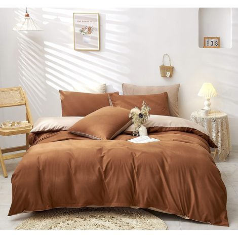 Damier Parure de lit 220 x 240 cm - Caramel marron beige - Housse de couette 3 pièces en microfibre super douce avec fermeture éclair et 2 taies d'oreiller 80 x 80 cm (1/5)