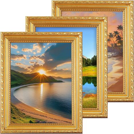 Lot de 3 cadres photo dorés, 15 x 20 cm, baguette : 24 x 24 mm, cadre avec support et suspension murale, pour format portrait et paysage, cadre photo avec verre acrylique incassable, pour mur (1/5)