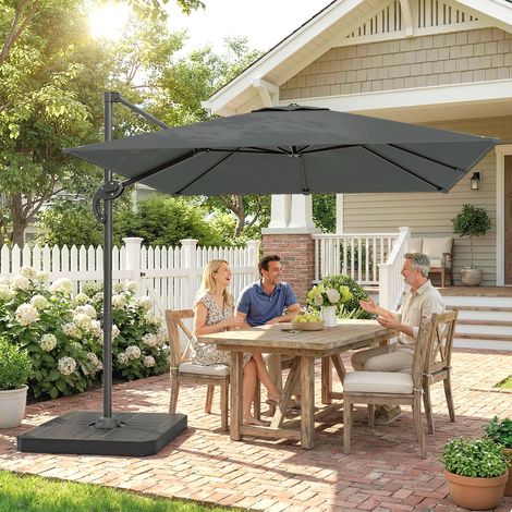 Quadratischer Freiarmschirm, Gartenschirm, mit Fuß und Beschwerungsplatten, Aluminiummast, UV-Schutz 50+, 2,4 x 2,4 m, grau