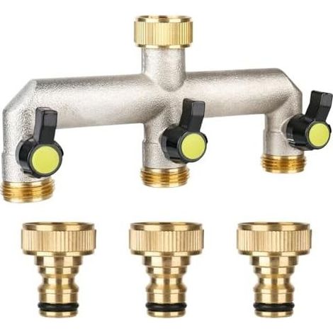 3-Wege-Wasserverteiler für Wasserhahn – 3/4"-Adapter. Aus Messing, 1/2" mit Kugelventil zur Regulierung und Absperrung des Wasserdurchflusses. (1/5)