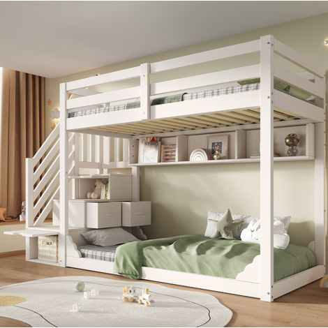 Letto a castello per bambini 90 x 200 cm bianco con scala e spazio contenitore OKMYHOME (1/5)