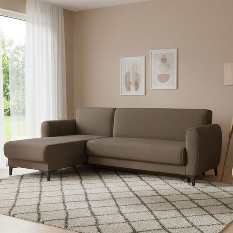 Dmora Divano letto Angel, Divano letto ad angolo con penisola reversibile, Sofà contenitore moderno con chaiselongue e 3 cuscini, Cm 230x153h85, Marrone, con imballo rinforzato (1/5)