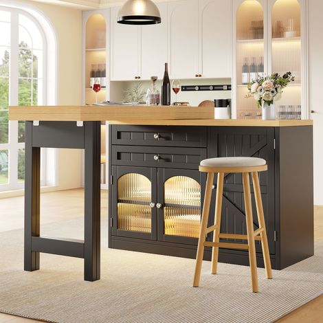 Îlot de cuisine extensible avec table à manger (120–194 cm), plateau pivotant à 360°, portes vitrées, tiroirs et étagères de rangement, blanc/noir (1/4)
