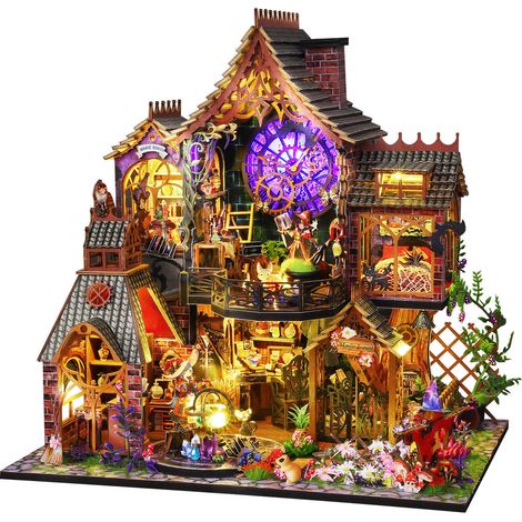 Kit de maison de poupées DIY pour coin lecture avec éclairage LED, décoration de bibliothèque miniature à monter soi-même, idéal pour les adultes et les adolescents (Cabane de la forêt enchantée) (1/5)