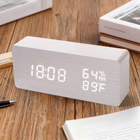 Réveil numérique LED en bois, format 12/24 heures, horloge de table avec commande vocale, date, température et humidité, port de chargement USB, rectangulaire blanc (1/5)