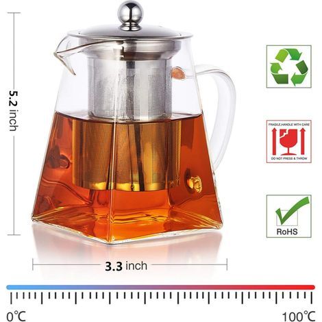 Théière carrée en verre avec infuseur, théière en borosilicate de 550 ml avec filtre, théière transparente pour thé en vrac (1/4)