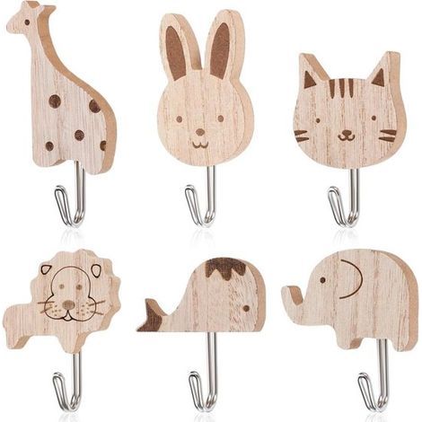Longziming – 6er-Set Wandhaken aus Holz mit Tiermotiven – Selbstklebende Haken für Kinder – Niedliche Haken mit Tiermotiven (Elefant, Wal, Katze, Löwe, Hase, Giraffe) – Für Kinder (1/5)