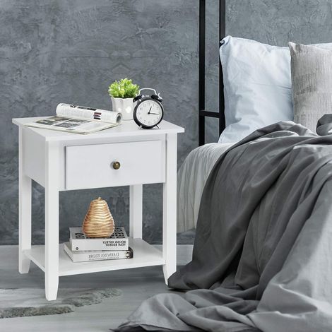Narrow Accent Table Side End Table with 1 Drawer & Open Storage Shelf & Solid Pine Wood Legs White (1/5)