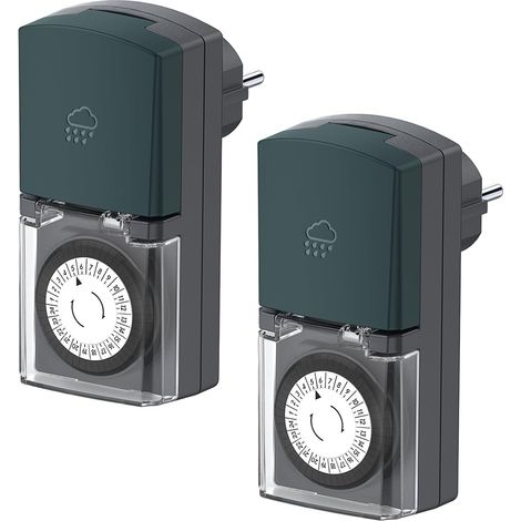 Lot de 2 Minuterie mécanique, Prise extérieure IP44, Couvercle protection, Sécurité enfant, Éclairage jardin (1/5)