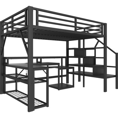 Letto a soppalco 140 x 200 cm in metallo nero con scrivania LED e contenitore (1/5)
