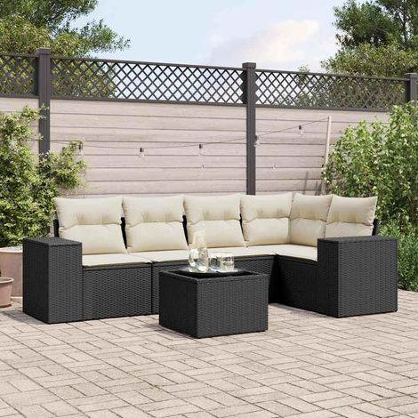 Ensemble jardin 6 places résine tressée noir avec table verre trempé et coussins lavables - Salon extérieur modulaire (1/4)