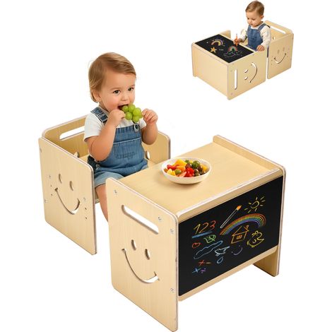 VEVOR Set Tavolo e Sedia per lo Svezzamento, Set Tavolo e Sedia in Legno per Bambini 424 x 300 x 385 mm, Sgabello Regolabile Altezza 345 mm, Seggiola per Leggere, Mangiare, Legno Naturale