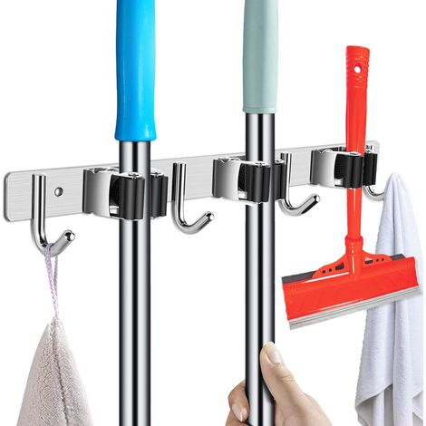Porte-outils mural en acier inoxydable - support à balai, porte-outils de jardin auto-adhésif (avec vis et bandes adhésives) - 3 supports et 4 crochets, noir