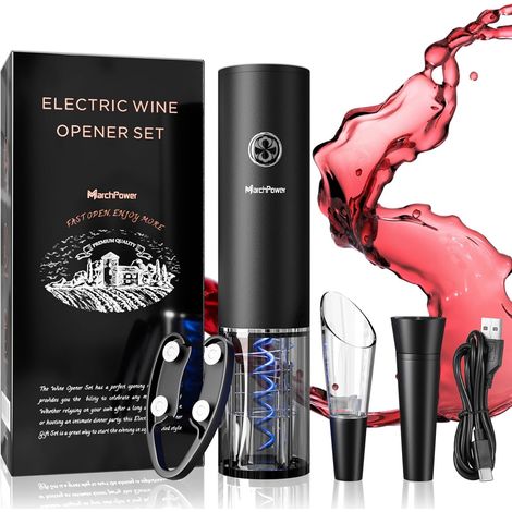 Tire Bouchon Electrique Rechargeable, Ouvre Bouteille Electrique 5 en 1 Coffret Tire Bouchon avec Coupe-Capsule Verseur de Vin et Bouchon à Vin Sous Vide pour Cadeau Homme Anniversaire Noel (1/5)