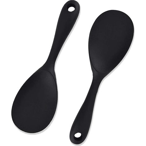 Set of 2 Silicone Spoons, Rice Serving Spoon, Cooking Spoon, Non-Stick Silicone Serving Spoon for Baking and Baking (Black)
