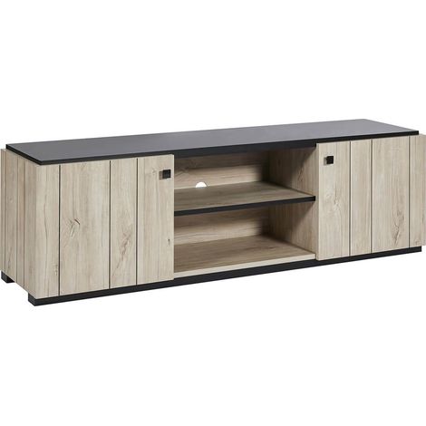Meuble TV 2 portes aspect lames de bois finition Beach et plateau noir - THOMAS