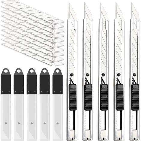 5 Cutter + 50 lame de rechange pour cutter 9mm Snap Off Lames de 30 degrés Slim Gaine en acier inoxydable Coupe-boîtes verrouillable Couteau graphique (1/5)