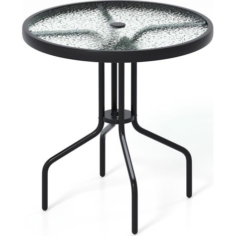 GOPLUS Table Bistrot d’Exterieur, Table à Manger Ronde de 70 cm avec Plateau en Verre Trempé et Trou pour Parasol de 4 cm, Structure en Métal Robuste, pour Jardin, Terrasse, Véranda, Noir 70x70CM (1/5)