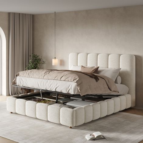 Letto imbottito 140 x 190 cm con contenitore idraulico, rete a doghe e rivestimento bouclé bianco (1/5)
