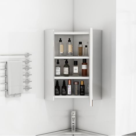 Armoire miroir d’angle 32,5x32,5x55,6 cm MDF verre blanc 3 faces gain de place – MEUBLIV (1/5)
