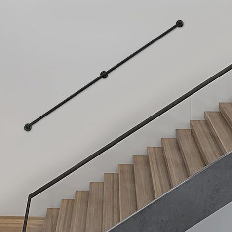 7FT Stahlrohre und Gusseisen Handlauf Geländer Treppengeländer Schwarzer Wandhandlauf Wand Treppe mit halbrunden Abschlüssen und Haltern für Innen und Außen, Rund Ø32mm (1/5)