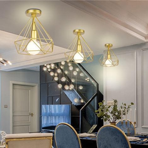 Lot de 3 Plafonnier Industriel Rétro Lampe de Plafond Intérieur Éclairage Cage Métal Ø26CM Doré E27 pour Salon Chambre Café Bar Restaurent (1/5)