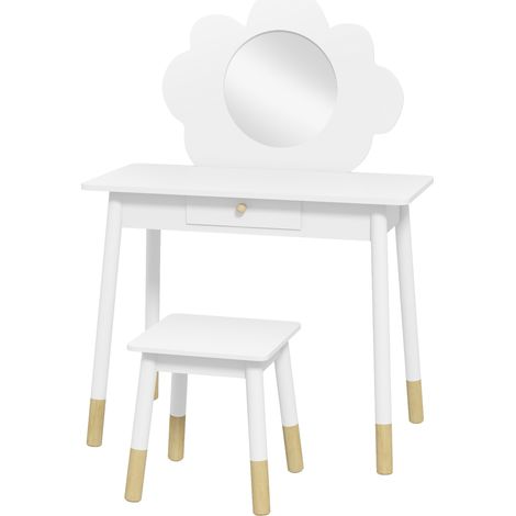 Ensemble coiffeuse enfant blanc – Tabouret, 2 pièces pour 3-6 ans, miroir forme nuage – Design ludique, pour petites filles (1/5)