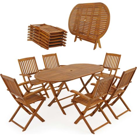 Casaria – Ensemble table et chaises de jardin pliables en bois d'acacia pour 6 personnes – Trou pour parasol – Structure en métal galvanisé (1/5)
