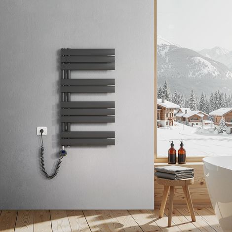 Heilmetz Sèche-Serviettes Electrique, radiateur sèche-Serviettes Plat avec Timing Elément de Electrique, raccordement latéral, Anthracite, 899x500mm, 400W