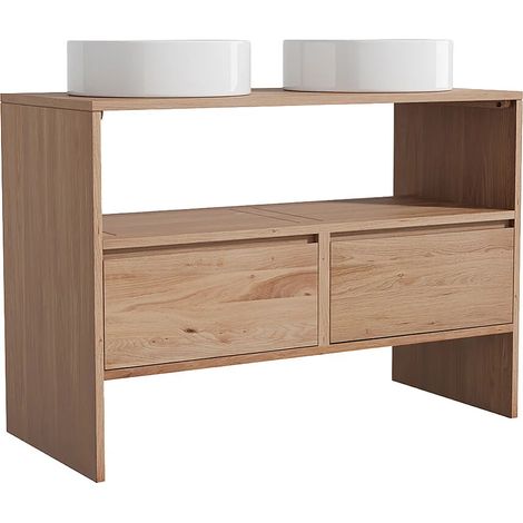 Mobile bagno in rovere massiccio con lavabo da appoggio rotondo Naturale chiaro 110 cm - CAVIZO (1/5)