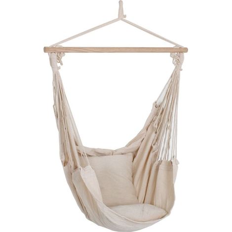 Etc-Shop – Hamac suspendu en bois dur et coton beige – Dimensions 90x120 cm – Charge maximale 150 kg – Confort optimal avec coussins inclus