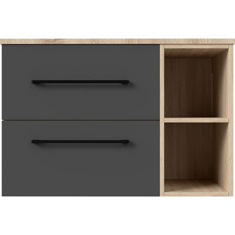 AICA Ensemble de meubles de salle de bain + Planche suspendu, 2 Tiroirs + Rangements Ouverts, 80x46x52cm, Chêne + Anthracite, Sans Vasque