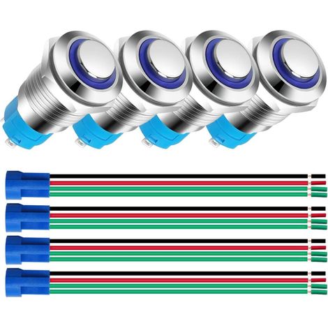 Bouton Poussoir - 4 Pièces - Acier Inoxydable - Étanche IP65 - LED Bleue - 12mm (1/5)