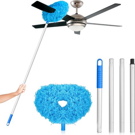 Brosse à dépoussiérer annulaire télescopique bleue en alliage d'aluminium, longueur totale 140 cm, réglable, facile à démonter et à installer