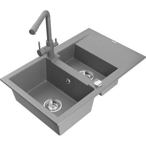 Mexen Gaspar évier en granit 1,5 bac avec égouttoir et robinet de cuisine Duero, gris - 6507-71-671600-71 (1/5)