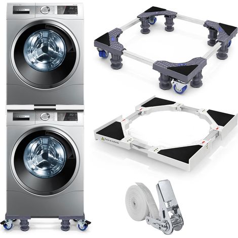Kit universale di impilamento per lavatrice e asciugatrice con base mobile, telaio 46–72 cm, base 43–60 cm, 4 ruote con freno, 8 piedini antivibrazione, cinghia a cricchetto (1/5)