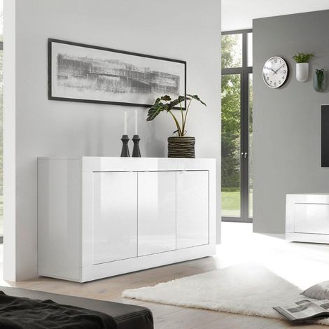 Buffet BASICO - Décor blanc laqué brillant - 3 Portes - L160 x P42 x H85,8 cm (1/5)