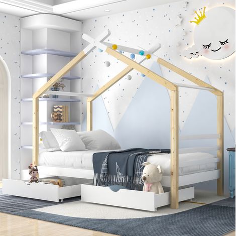 DESVIAE Lit enfant cabane avec tiroirs rangement et sommier à lattes bois massif blanc 90 x 200 cm (1/5)