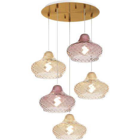 Lampadario Contemporaneo Dress Metallo Ottone Vetro Ambra-Ruggine 5 Luci E27
