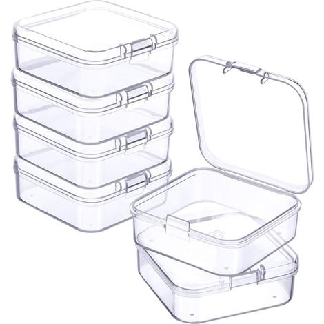 Pièces - Petites boîtes de rangement transparentes en plastique avec couvercles à charnière - L 5,5 x l 5,5 x H 2 cm - Mini piluliers - Perles - Transparent - 2 cm (1/4)