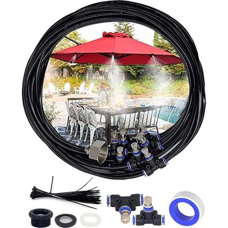 Kit de Refroidissement de Pulvérisation de 18M, Système de Brumisation D'extérieur Avec 19 Buses en Laiton, Refroidissement par Brouillard pour Jardin, Serre, Parasol (1/5)