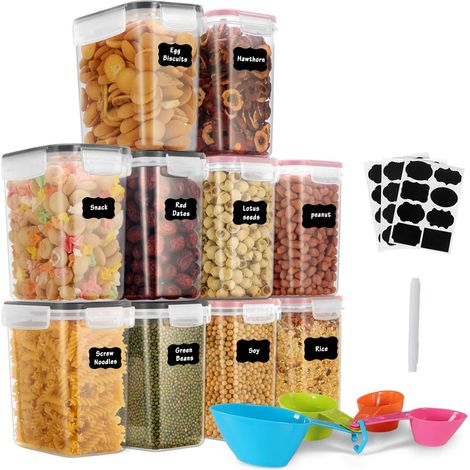 MINKUROW Confezione Da 10 Barattoli Da 1,6 Litri, Contenitori Ermetici In Plastica Con Coperchi, Barattoli Per Conservare Noodles, Cereali, Riso, Farina E Cibo Per Animali Domestici (Rosa + Nero). (1/5)
